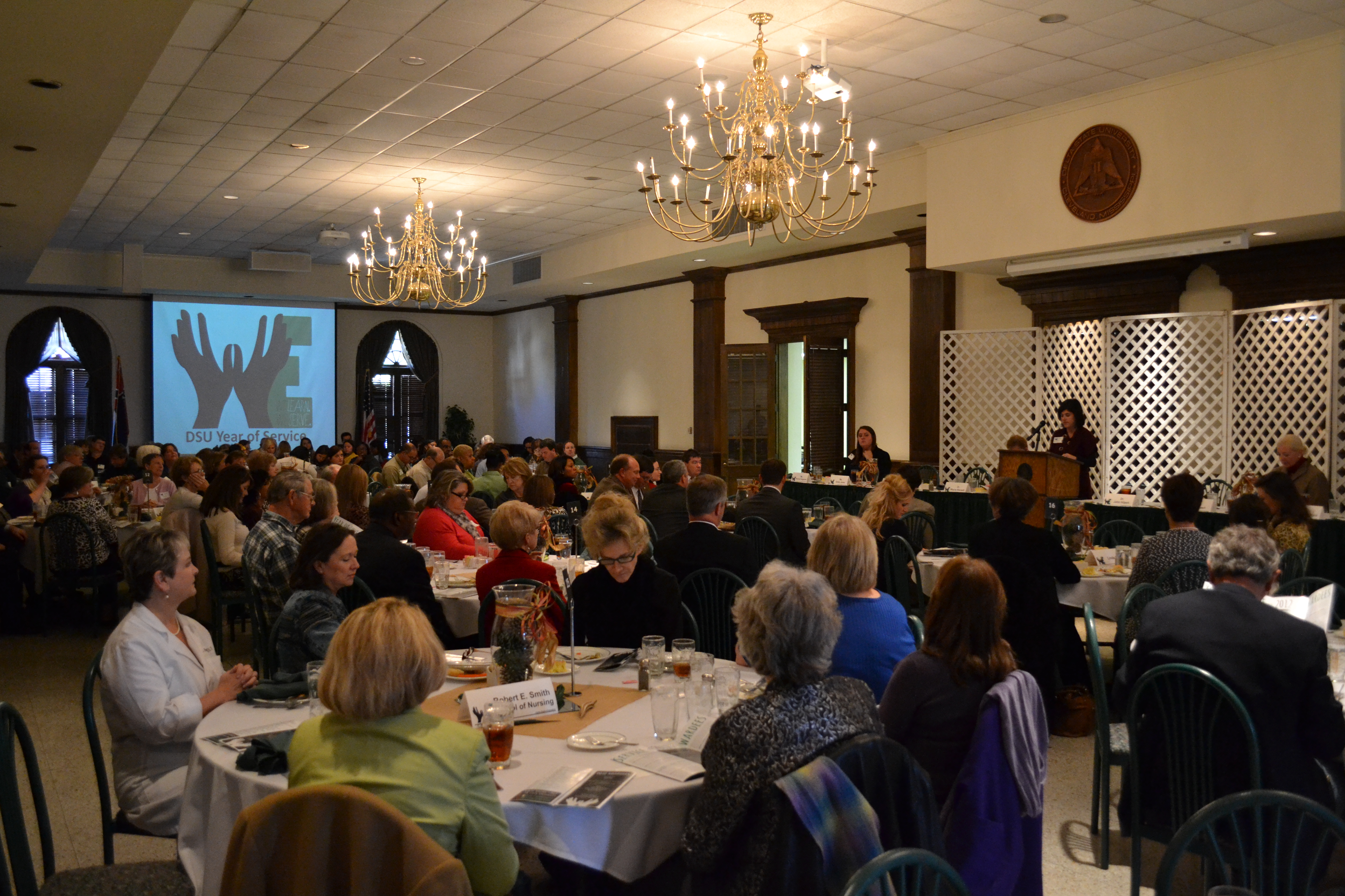 PHOTO:  Co-Chair of the Year of Service Committee Christy Riddle presents awards during Delta State’s Ninth Annual Community Recognition Luncheon.